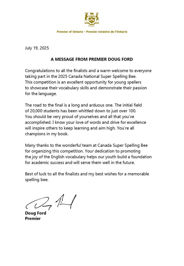 Premier Doug Ford Letter