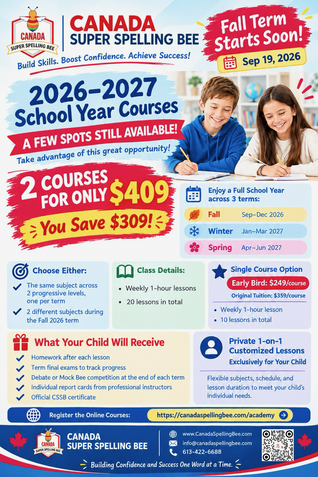 2026–2027 School Year Courses — 2 online courses for $409, single course $249 early bird, private 1-on-1 lessons