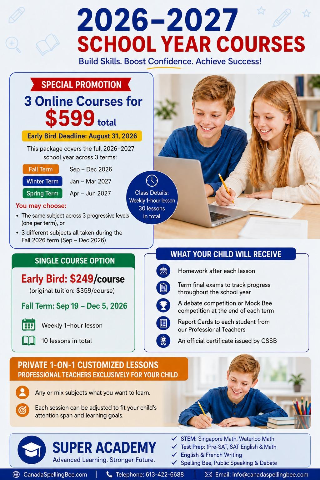 2026–2027 School Year Courses — 3 online courses for $599, single course $249 early bird, private 1-on-1 lessons
